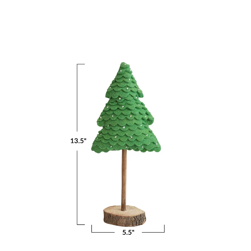 Hello Honey® 13.5" Green Layered Handmade Wool Felt Tree with Beads & Wood Slice Base