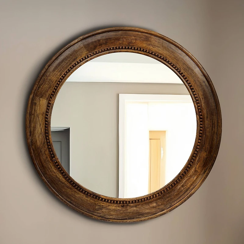 Hello Honey® Walnut Round Carved Wood Framed Wall Mirror