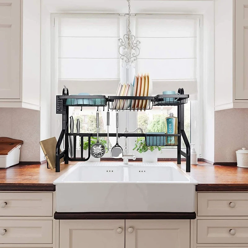 NEX™ Black 2-Tier Over the Sink Dish Rack with 5 Utility Hooks