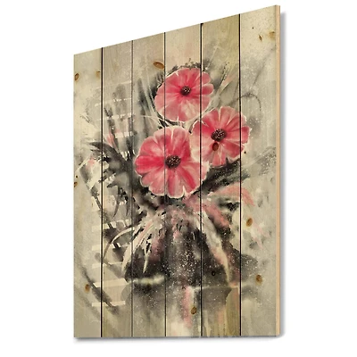Designart - Abstract Red Flowers On Gray - Traditional Print on Natural Pine Wood
