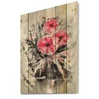 Designart - Abstract Red Flowers On Gray - Traditional Print on Natural Pine Wood