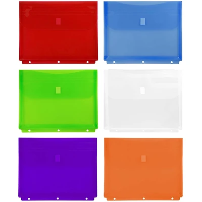 JAM Paper 9.75" x 11.5" Assorted Plastic Hook & Loop 3 Hole Punch Binder Envelopes with Expansion, 12ct.