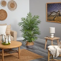 4ft. Areca Artificial Palm Branches in Boho Chic Handmade Cotton & Jute Gray Woven Planter