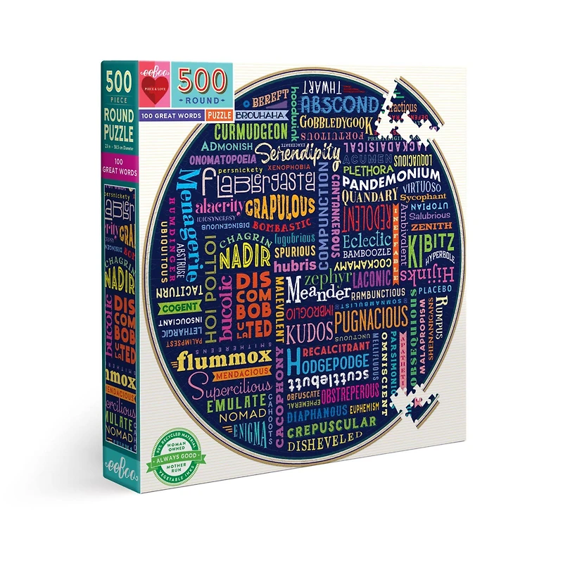 eeBoo Piece & Love "100 Great Words" 500 Piece Round Jigsaw Puzzle