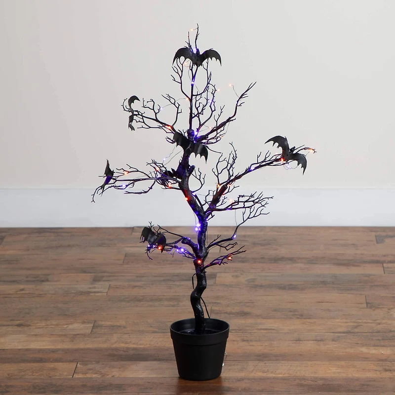 3ft. Pre-Lit Artificial Halloween Black Spooky Twig Tree with Bats and 100 Orange & Purple LED Lights