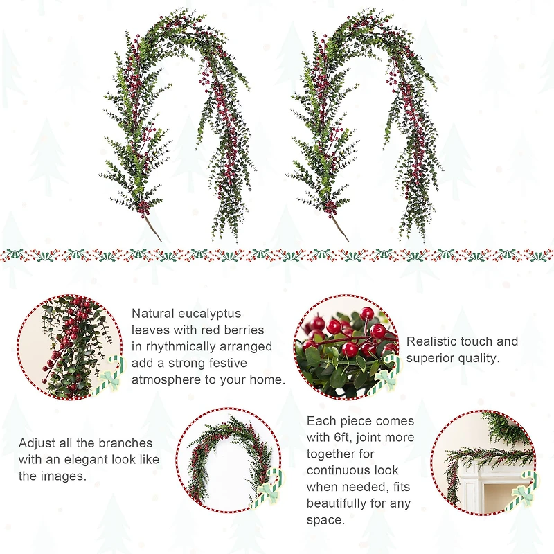 Glitzhome® 6ft Christmas Greenery Eucalyptus Garland with Red Berries, 2ct.