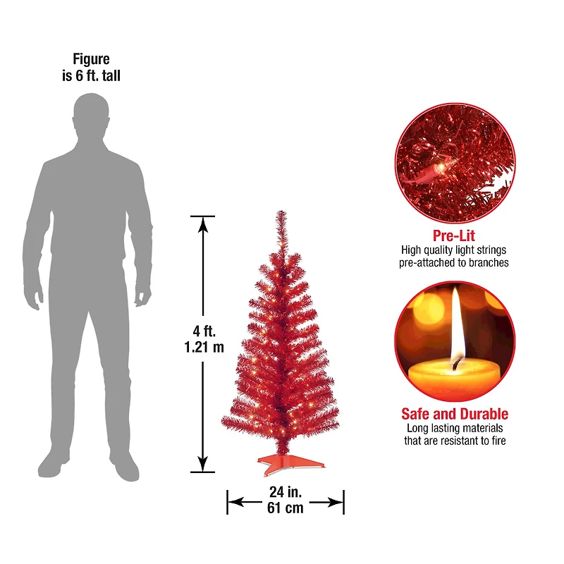 4ft. Pre-Lit Red Tinsel Artificial Christmas Tree, Clear Lights