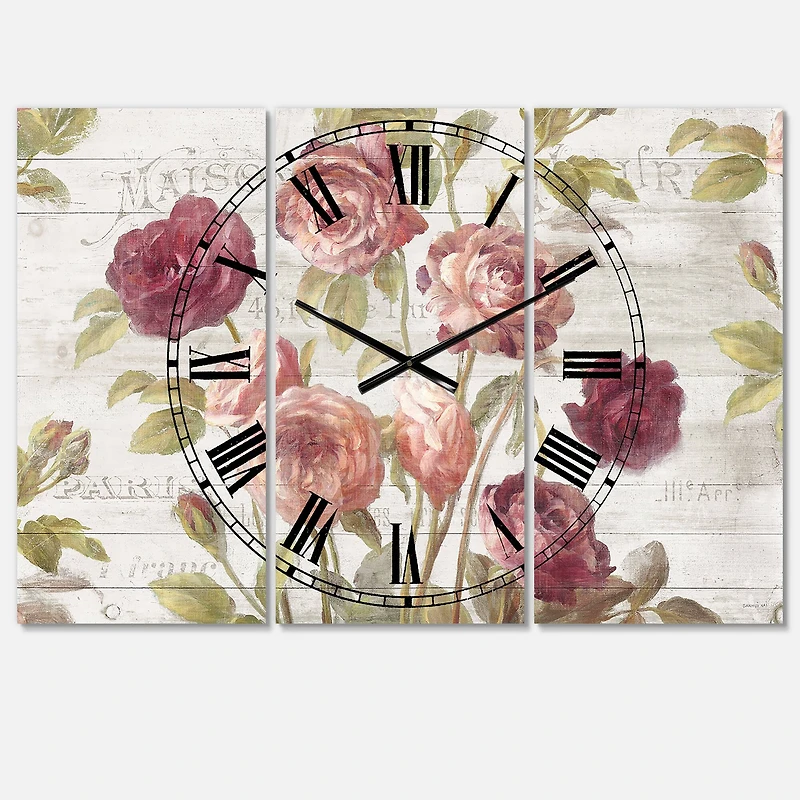 Designart French Roses 3 Panel Farmhouse Wall Clock