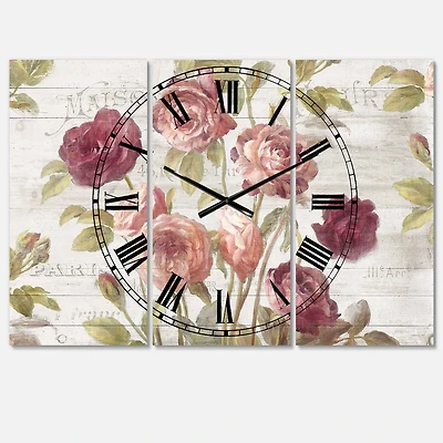 Designart French Roses 3 Panel Farmhouse Wall Clock