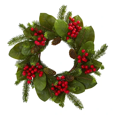 19" Magnolia Leaf, Berry & Pine Artificial Wreath