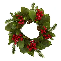 19" Magnolia Leaf, Berry & Pine Artificial Wreath