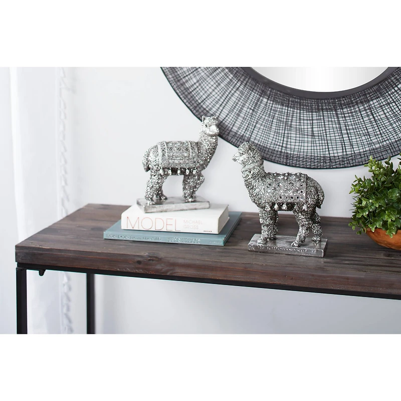 Set of 2 Silver Resin Eclectic Llama Sculpture, 10", 9"