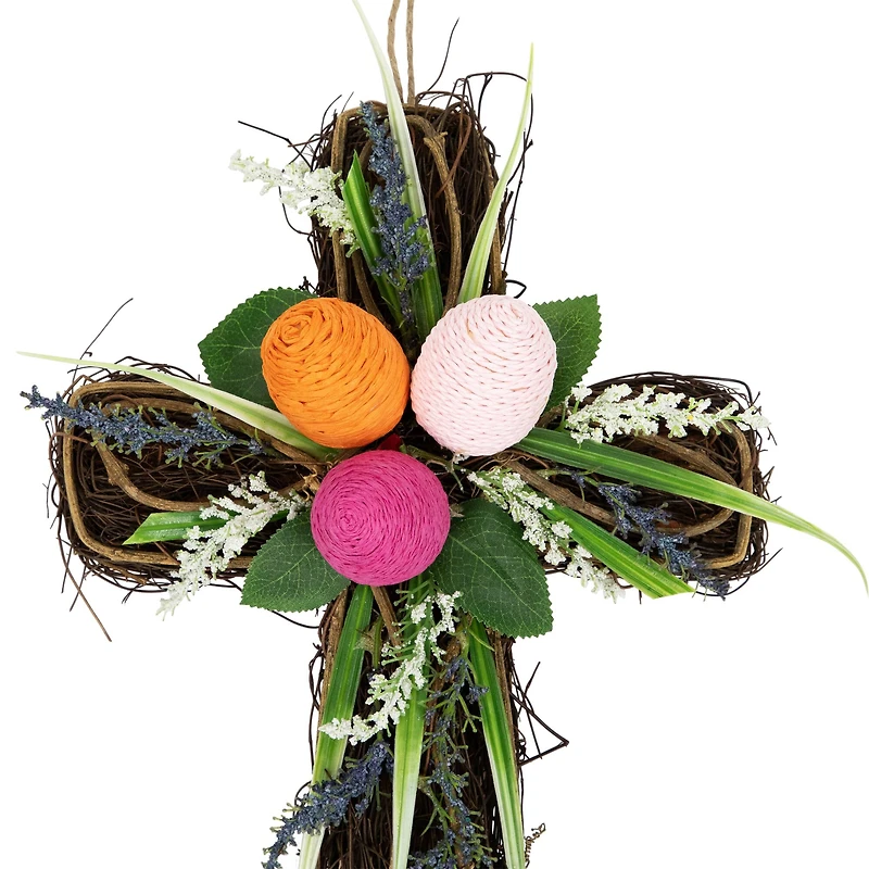 13.25" Twig Cross Wall Decoration with Easter Eggs