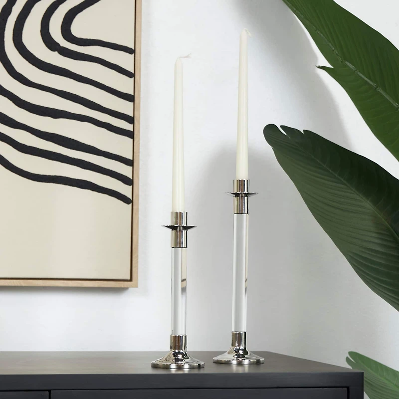 Silver Stainless Steel Candle Holder with Clear Glass Center Set