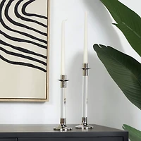 Silver Stainless Steel Candle Holder with Clear Glass Center Set