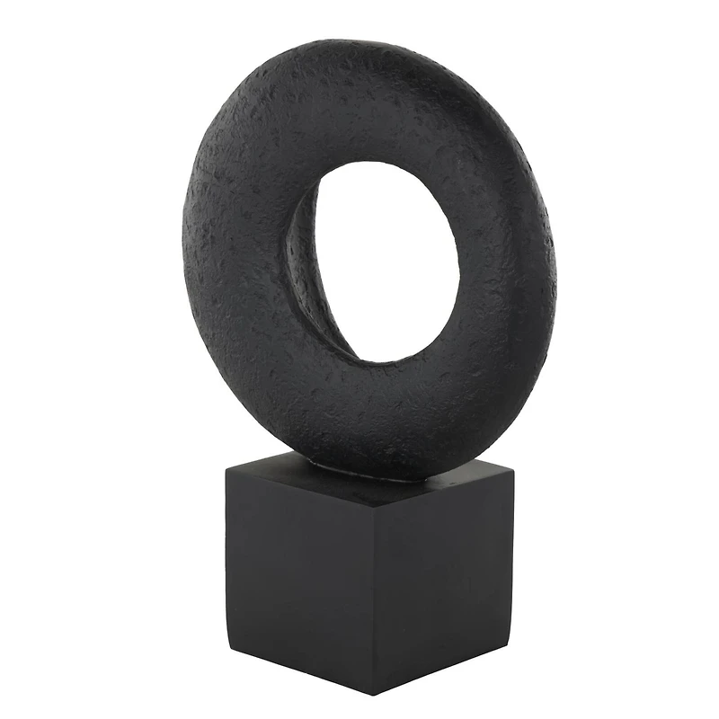 14.25" Black Polystone Geometric Textured Cutout Ring Sculpture with Block Base