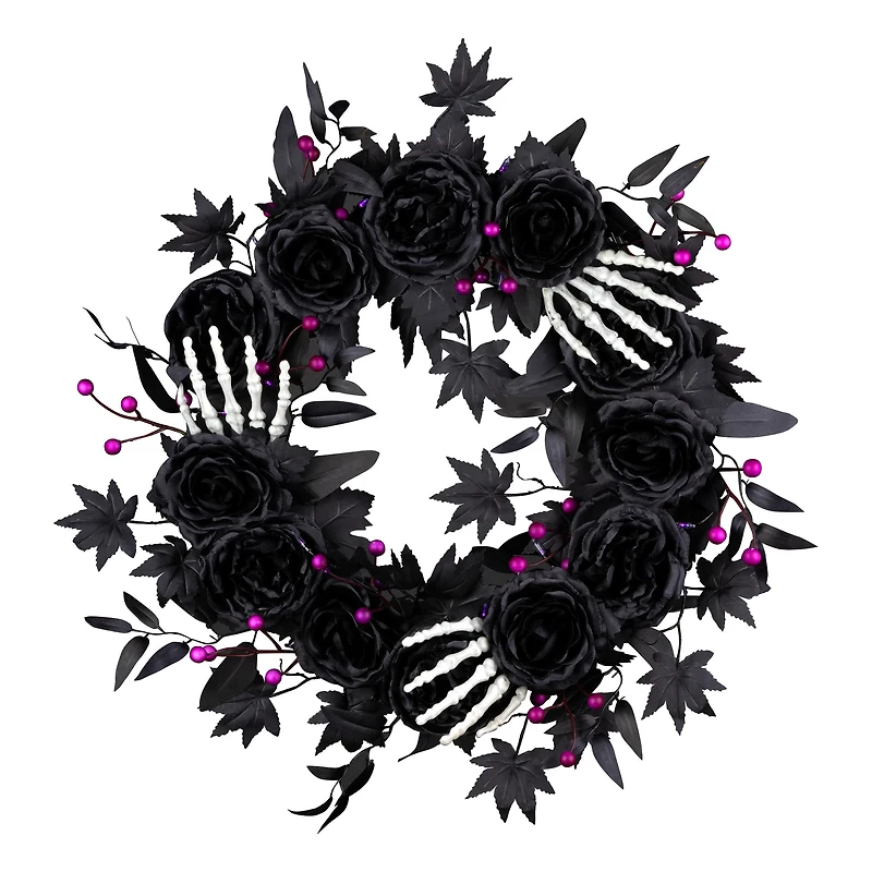 24" Bad to the Bone Black Flower & Skeleton Hand Halloween Pre-Lit LED Wreath