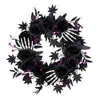 24" Bad to the Bone Black Flower & Skeleton Hand Halloween Pre-Lit LED Wreath