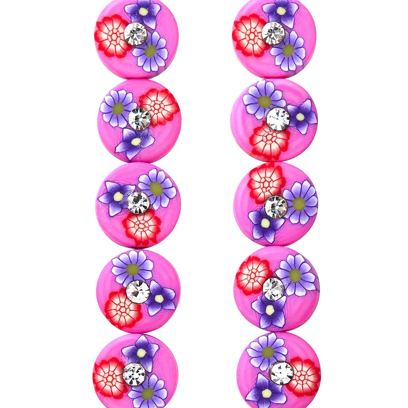 Pink Flower Rhinestone Clay Lentil Beads, 10mm by Bead Landing™