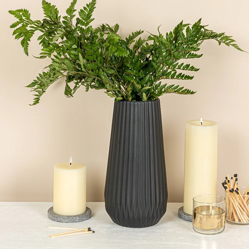 Hello Honey® 11.5" Matte Black Round Stoneware Fluted Vase with Embossed Lines