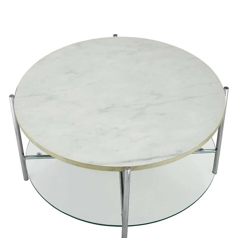 Faux White Marble, Glass & Chrome Modern Round Coffee Table 