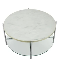 Faux White Marble, Glass & Chrome Modern Round Coffee Table 