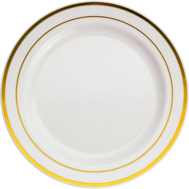 12 Packs: 10 ct. (120 total) 7.5" Round Lunch Plates with Gold Trim by Celebrate It™