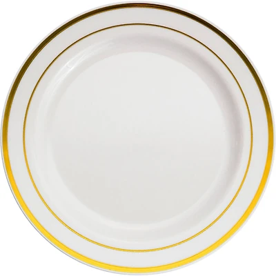 12 Packs: 10 ct. (120 total) 7.5" Round Lunch Plates with Gold Trim by Celebrate It™
