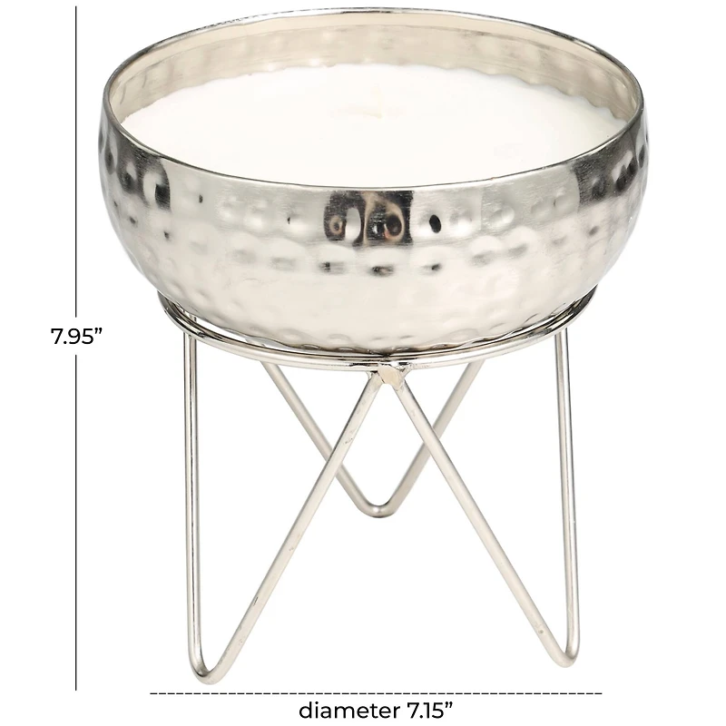White Wax Campfire Scented Candle with Hammered Silver Container and Tripod Stand