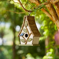 Glitzhome® 9.5" White Distressed Wood Birdhouse with Leaves