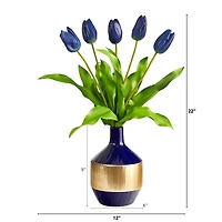 22" Blue Dutch Tulip Arrangement in Blue & Gold Designer Vase