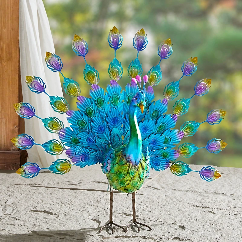 Glitzhome® 28.75" Metal Tail Spread Peacock Garden Statue with Stakes