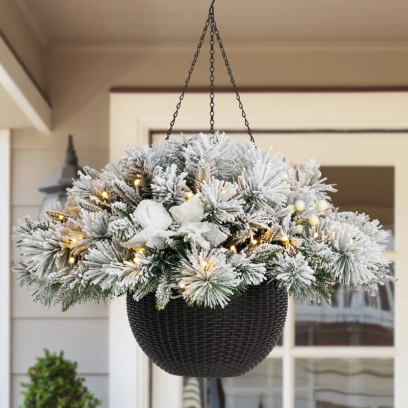 Glitzhome® 24" Pre-Lit Snow Flocked Christmas Artificial Pine Poinsettia Hanging Basket, White Lights
