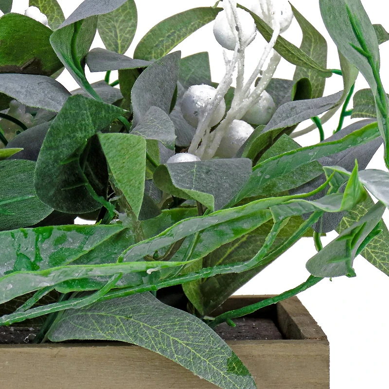 22" Frosted Christmas Leaves with White Berry Wooden Box Centerpiece