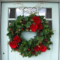 Village Lighting 30" LED Red Peonies & Berry Wreath