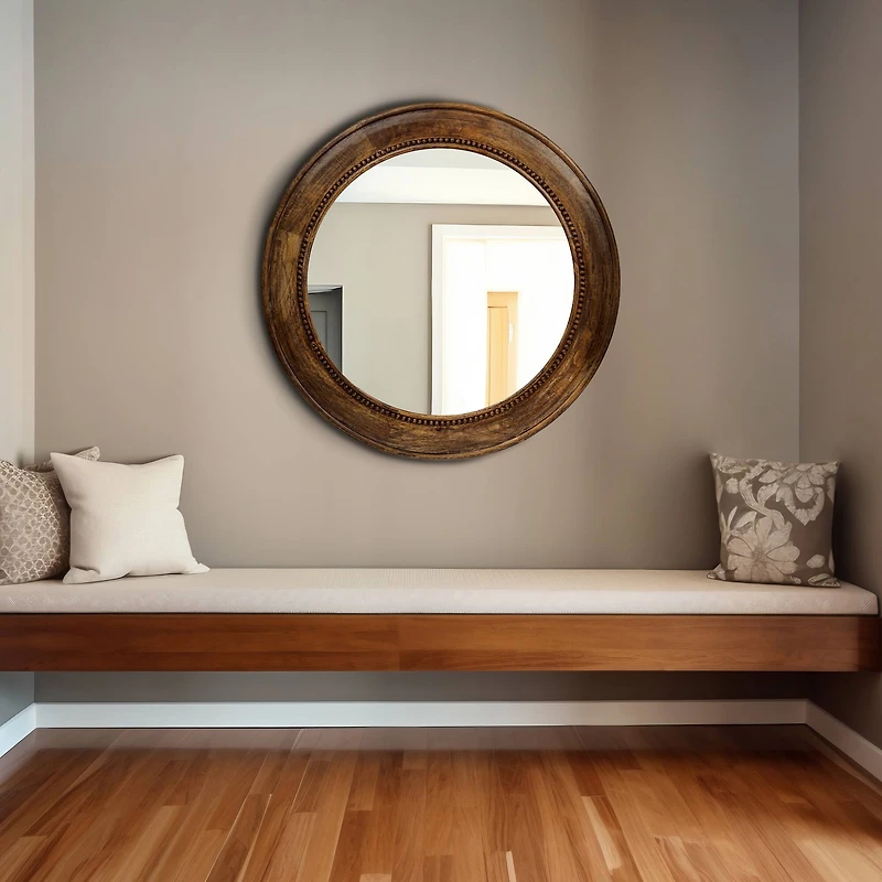 Hello Honey® Walnut Round Carved Wood Framed Wall Mirror
