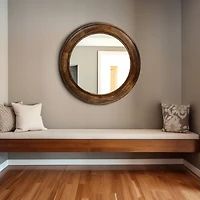 Hello Honey® Walnut Round Carved Wood Framed Wall Mirror