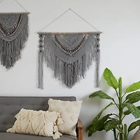 Gray Cotton Handmade Intricately Weaved Macrame Wall Decor with Beaded Fringe Tassels 36" x 1" x 46"