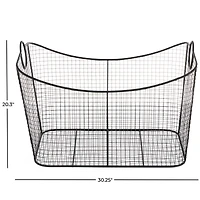 30.25" Black Metal Open Frame Wire Grid Storage Basket with Curved Sides & Ring Handles