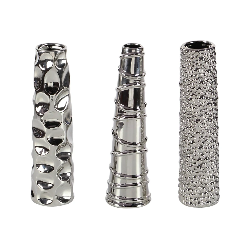 12" Silver Ceramic Abstract Glam Vase Set