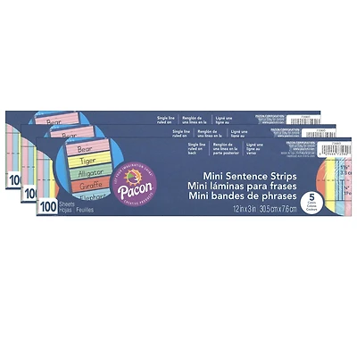 Pacon® Assorted Colors Mini Sentence Ruled Strips, 3 Packs of 100