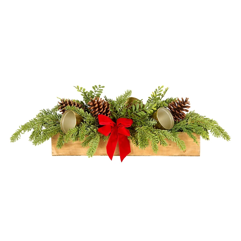 27" Christmas Bells Cypress & Pinecone Centerpiece in Wood Planter