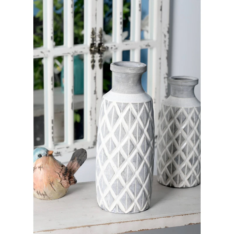 Coastal Gray And White Ceramic Jar Vase With Criss Cross Pattern, 16" x 6" x 6"