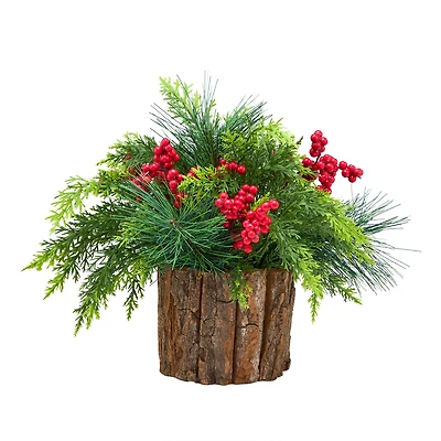 11" Christmas Classic Cypress & Berry Centerpiece in Wood Slice Planter