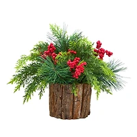11" Christmas Classic Cypress & Berry Centerpiece in Wood Slice Planter
