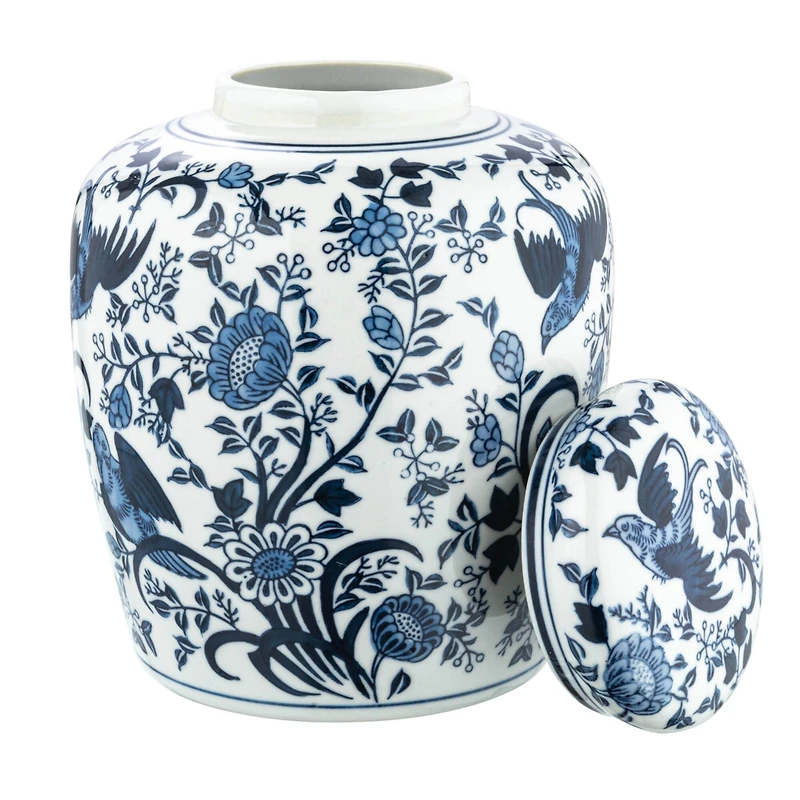 Hello Honey® 8" Blue & White Decorative Bird Ceramic Ginger Jar with Lid