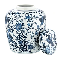 Hello Honey® 8" Blue & White Decorative Bird Ceramic Ginger Jar with Lid