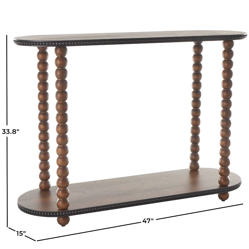 47" Brown Wood Oval Spindle 1-Shelf Living Room Console Table with Beaded Edges