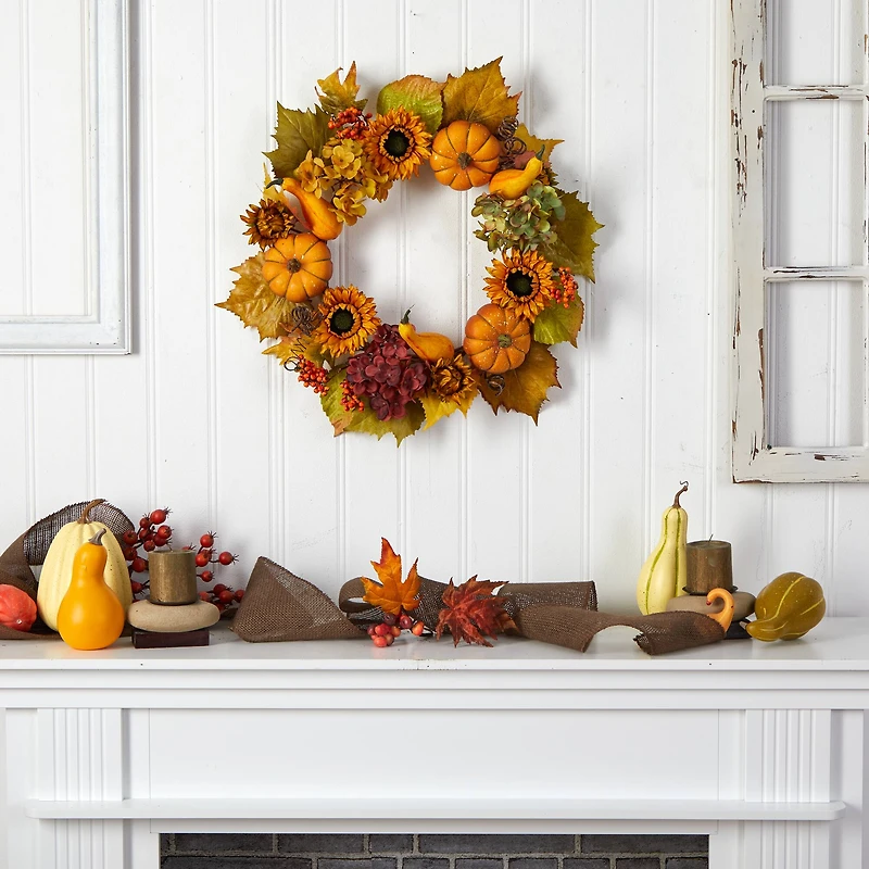 22" Autumn Hydrangea, Pumpkin & Sunflower Wreath