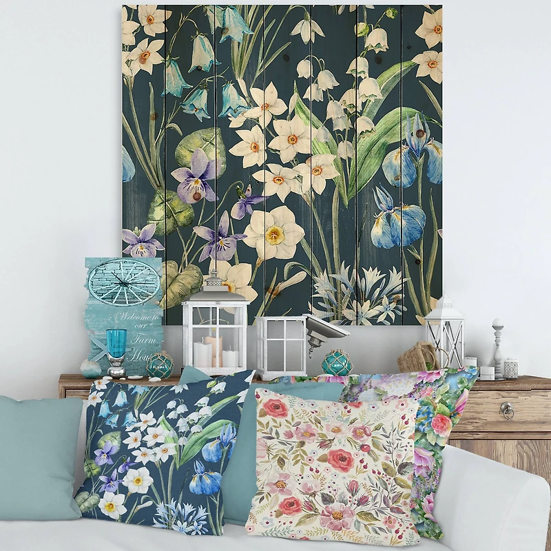 Designart - White and Blue Spring Flowers On Dark Blue